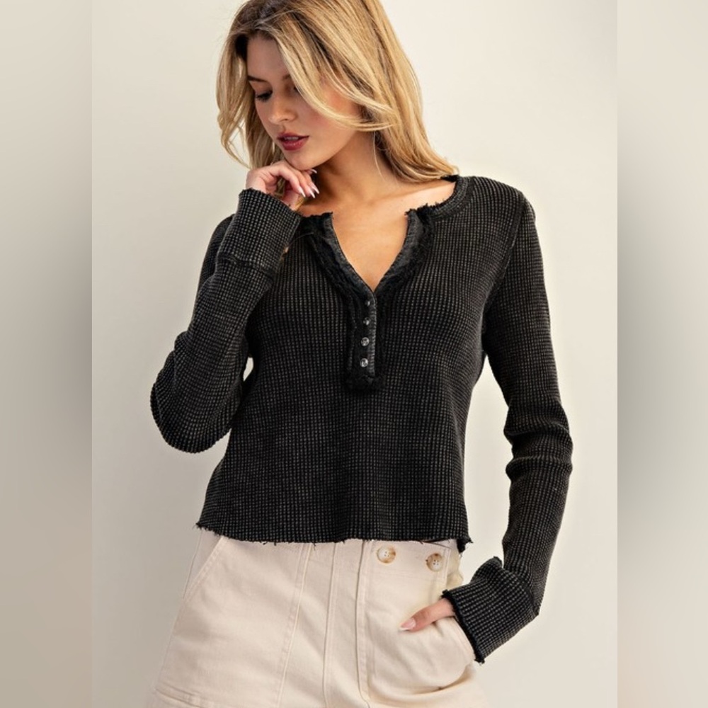 #492. Waffle Knit Henley Top - Black